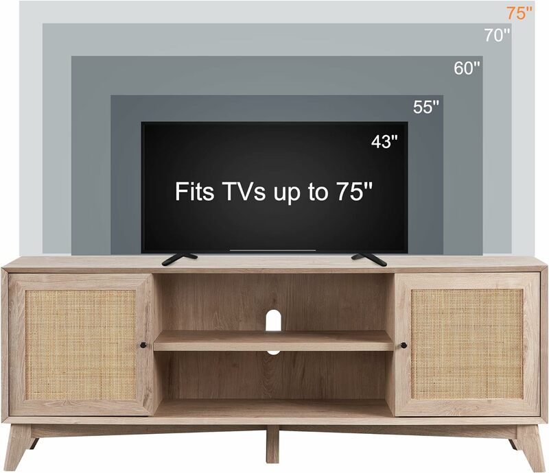 Tv-Standaard Voor 75 Inch Tv, Midden Eeuw Modern Entertainment Centrum Met Natuurlijke Rotan Deur, Opslag Planken, Media Tv Console