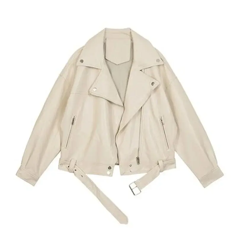 여성용 PU 가죽 오토바이 재킷, 벨트 포함, 단색 재킷, 숙녀용 루즈 캐주얼 재킷, 용수철 신제품, 2022