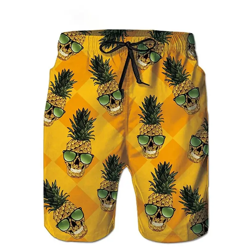 Shorts de praia havaianos masculinos, estampa engraçada do abacaxi, shorts de prancha, calças esportivas, roupas legais de verão