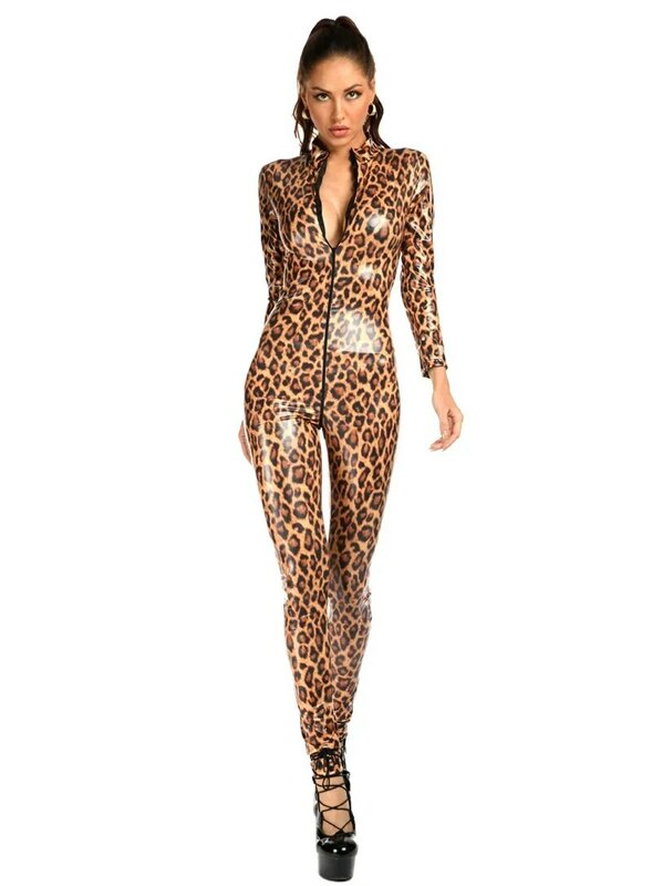 Macacão de couro envernizado lustroso com estampa leopardo feminino, manga comprida fina, zíper frontal, crotch aberto, macacão feminino, calça lápis, moda