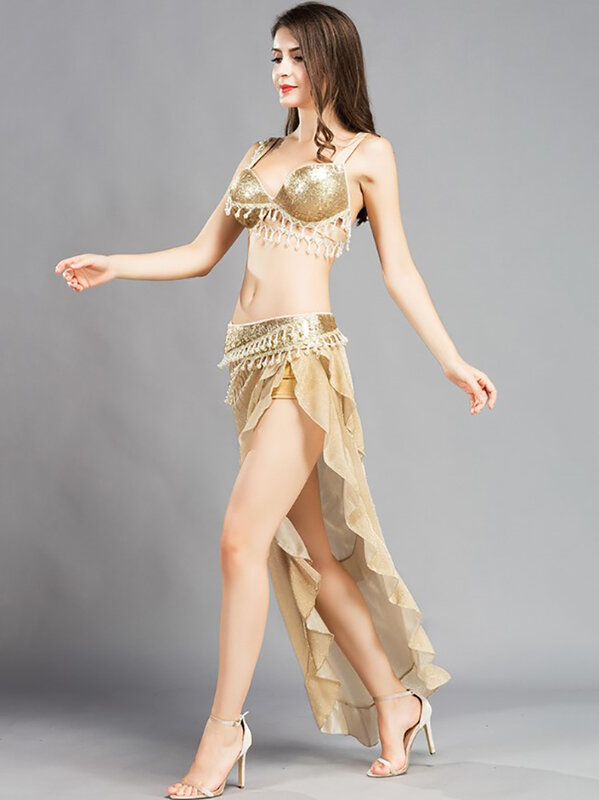 Fato de dança do ventre para mulheres, malha diamante flash, traje de dança oriental, performance clássica de festa, dancewear dourado