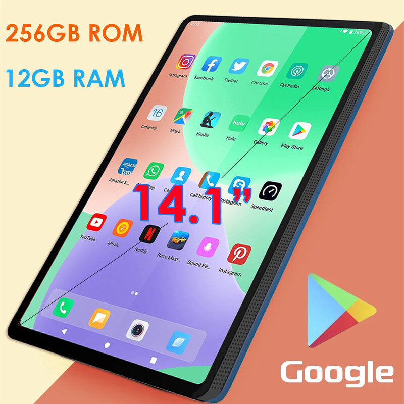 Large Screen 14.1 Inch Tablet Pc RAM 12GB ROM 256GB Phone Call tablet Bluetooth 5G WiFi Pad For Educational/Sheet music/Kitchen