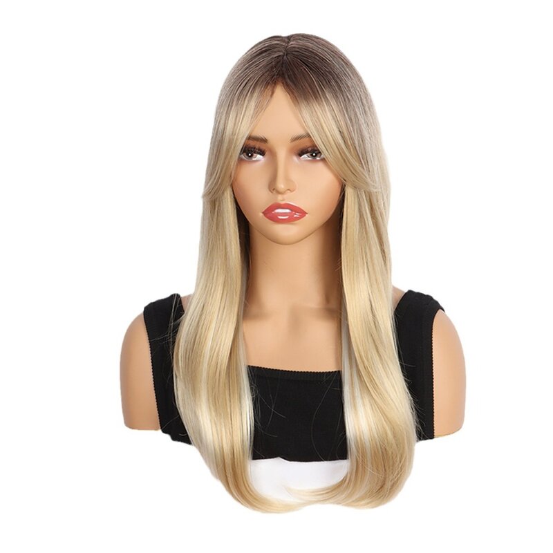 Oblique bangs wig long straight hair end curls high temperature wire head covering gradient blonde colour