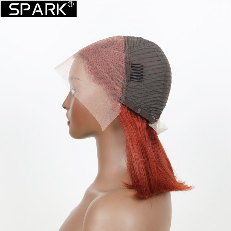 SPARK-Straight curto Bob perucas de cabelo humano, marrom avermelhado, laço frontal perucas, 100% cabelo humano, pré arrancado, 180% Densidade, 13x4