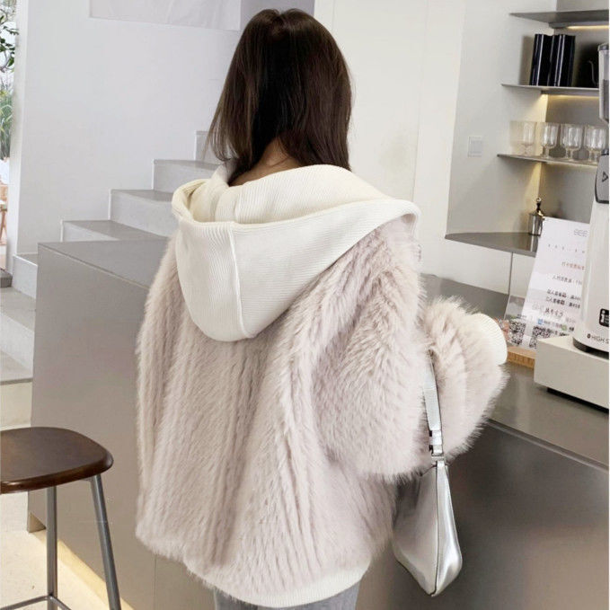 Autumn Winter Loose Casual Hairy Shaggy Soft Warm Faux Fur Coat Women with Hood Long Sleeve Zipper Korean Fashion