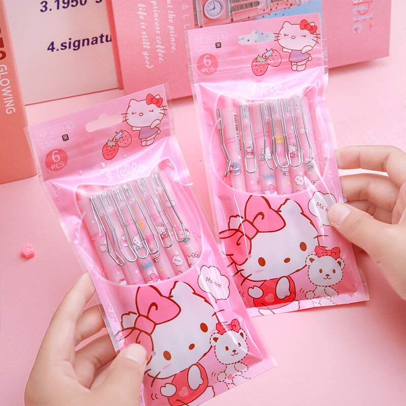 6 pezzi Set Kawaii Sanrio Roller Ball Pen Cartoon Anime Stationery Hello Kitty 0.5MM Black Pen Student Use Girls Gift