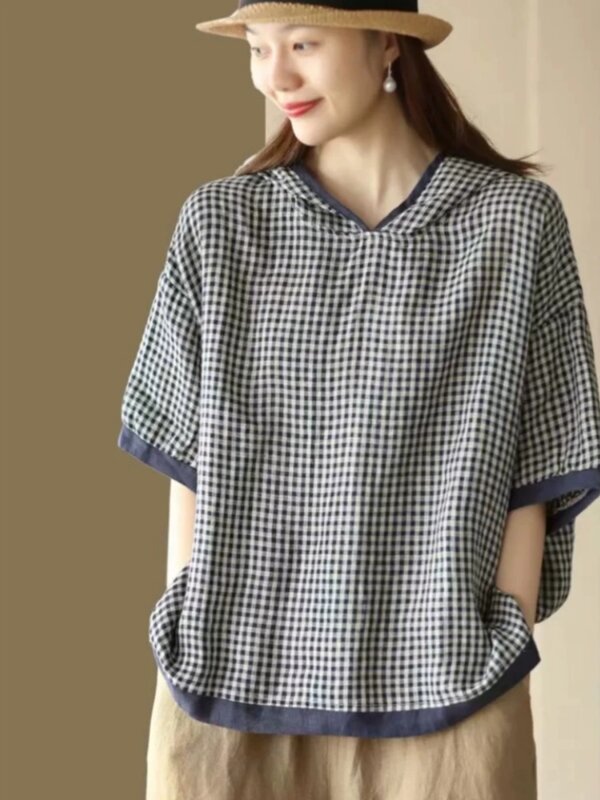 Camisetas con capucha a cuadros para mujer, ropa informal holgada de manga corta, estilo elegante, Vintage, 9182