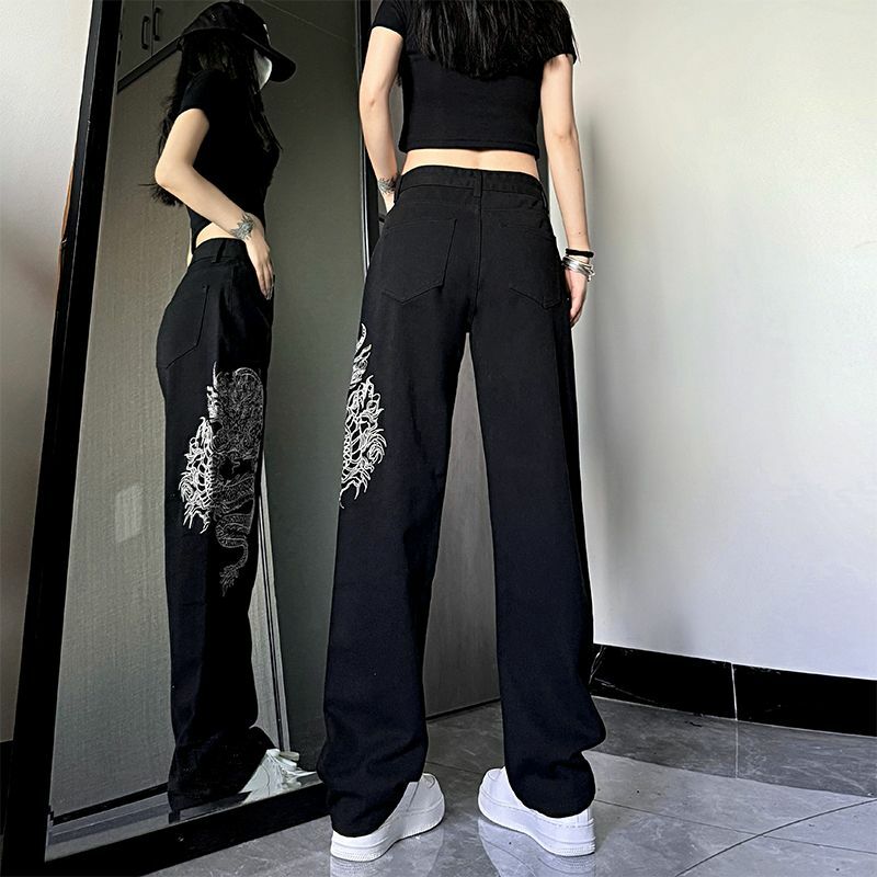Haftowany smok jeansy totemowe Hip Hop workowate dżinsy Streetwear Y2k męskie jeansy luźna szeroka nogawki Denim wysokiej jakości