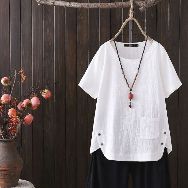 Camiseta de algodón de manga corta para mujer, Camiseta holgada de Color sólido, arte Simple, informal, grande, novedad de verano