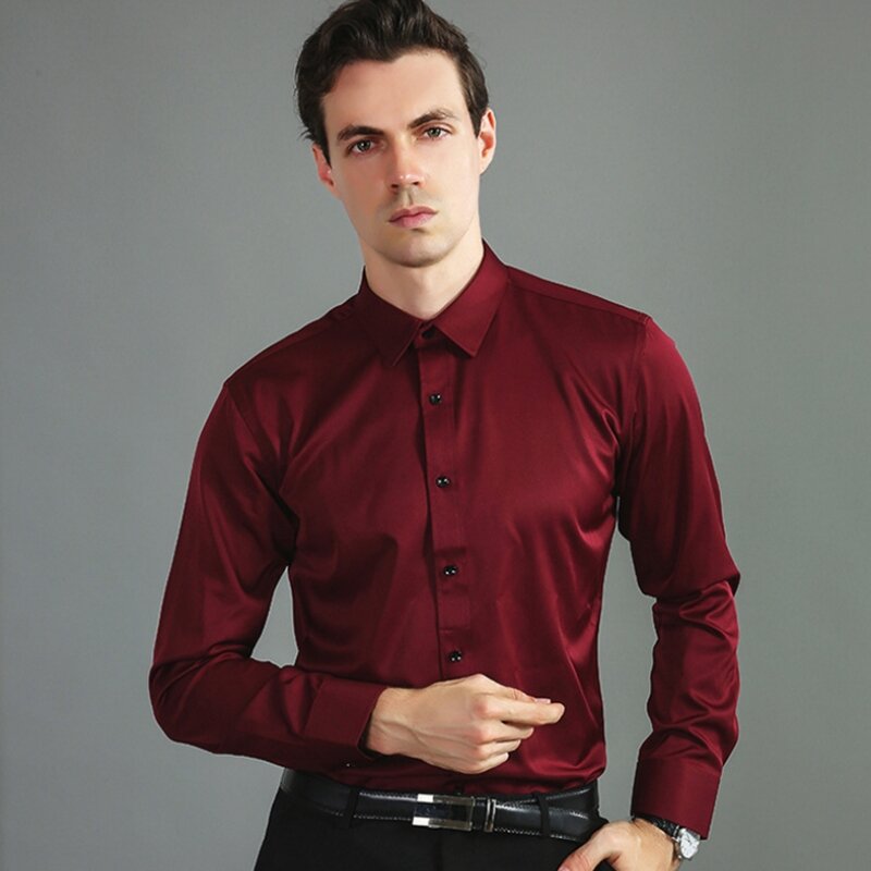Wysokiej klasy męska elastyczna koszula biznesowa lekka luksusowa jedwabna pionowa męska z długim rękawem moda z najwyższej półki klasyczna, nieżelazna, solidna odzież męska