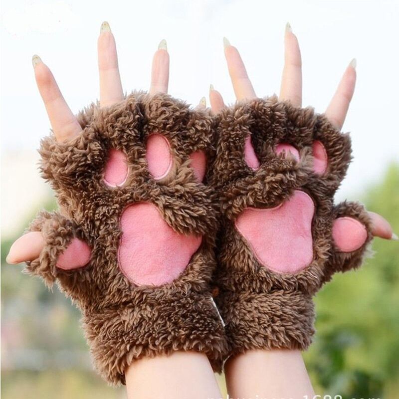 Guanti carino mezzo peluche soffice Multi-colore artiglio gatto morbido senza dita orso zampa guanti invernali