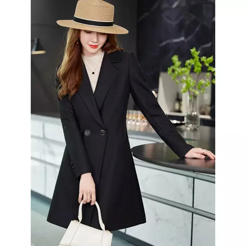 Женский осенне-зимний Длинный блейзер абрикосового и черного цвета, однотонная Офисная Женская одежда для работы, официальная куртка, пальто