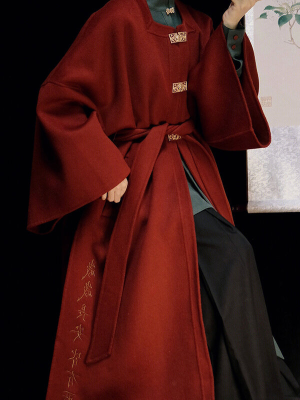 Mantel wol merah gaya nasional Tiongkok, pakaian musim gugur dan musim dingin, mantel wol setengah panjang