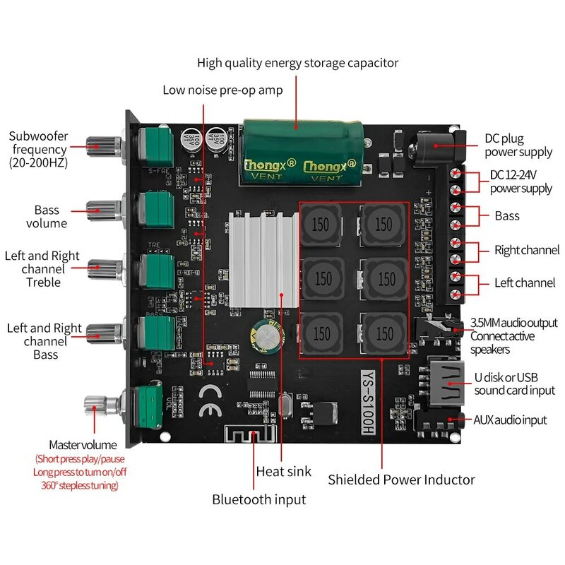 YS-S100H HIFI Bluetooth Amplifier TPA3116 2.1ch 50W*2+100W Subwoofer AUX U Disk USB Sound Card Input 3.5mm Active Speaker Output