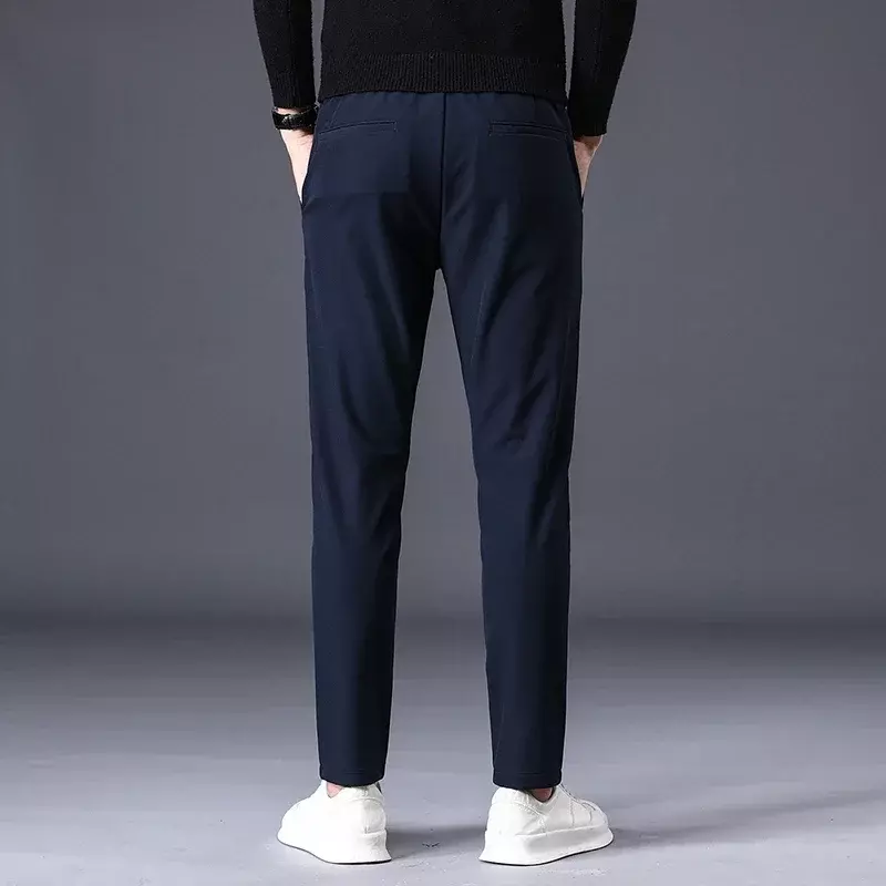 Celana Musim Gugur Musim Dingin Celana Olahraga Pria Luar Ruangan Pinggang Elastis Hangat Lapisan Bulu Tebal Fashion Slim Abu-abu Suit Celana Panjang Pria