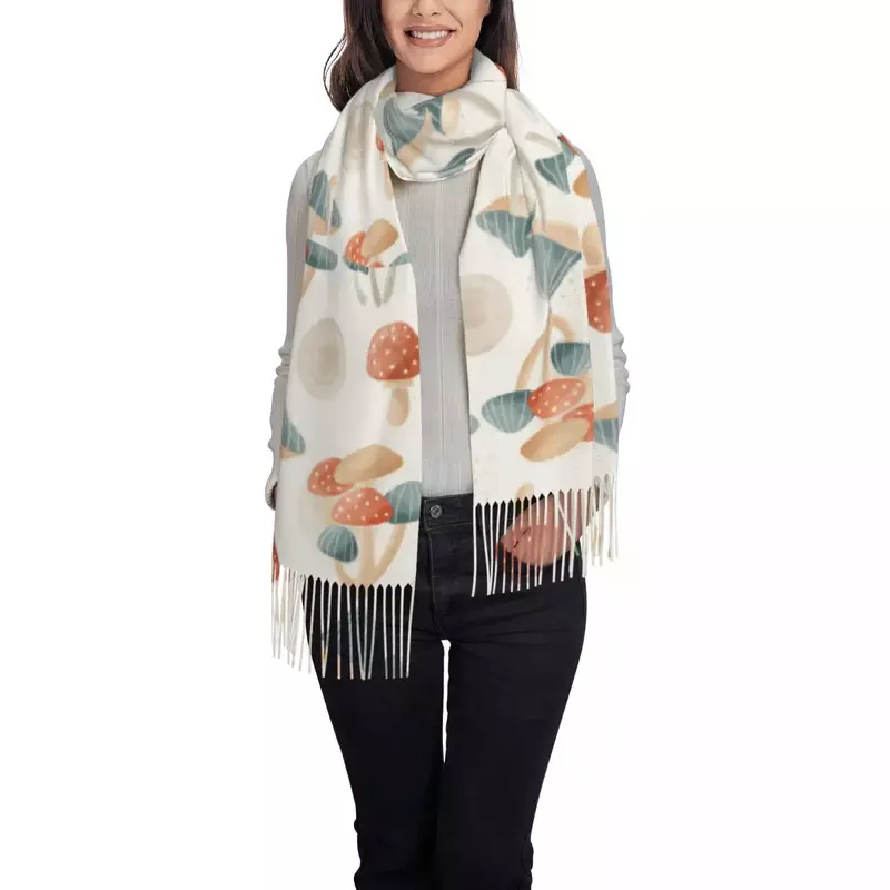 Женский шарф-Бандана с кисточками, тонкий шарф-Бандана с акварельным рисунком грибов, для осени и зимы