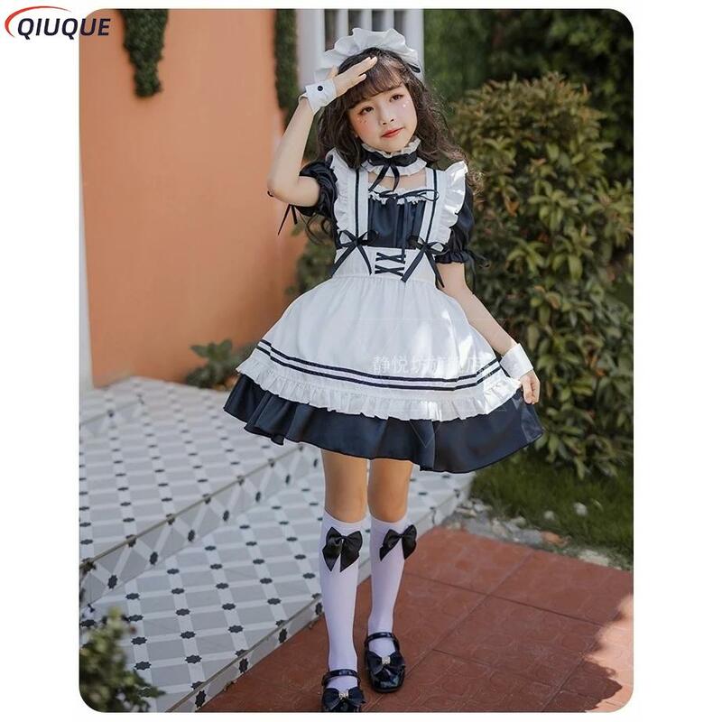 Vestido de sirvienta Lolita negra para niñas, traje de sirvienta encantador, disfraces de Cosplay de Anime para niños