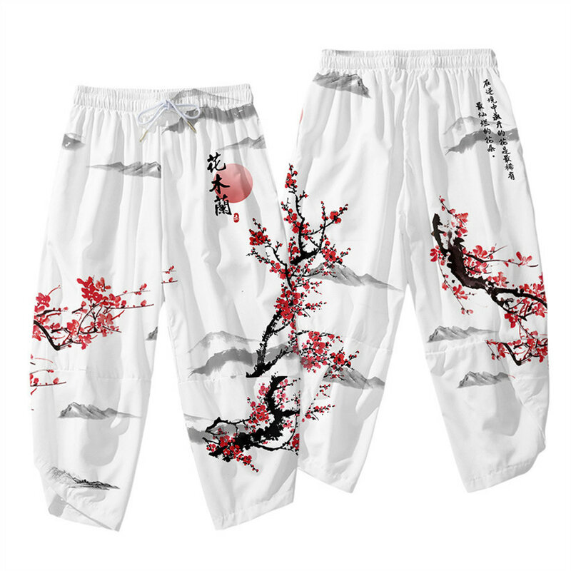 Pantalones de Kimono japoneses para mujeres y hombres, pantalones de floración Vintage, pantalones casuales con estampado de olas Harajuku