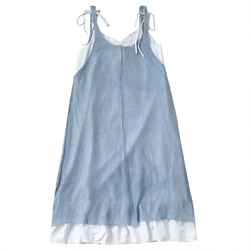Verband Milch Blau Kleid Gestrickte Kleid Sanfte Spitze V-ausschnitt Patchwork Dünne Gerade Riemen Strumpf Kleid frau anzug