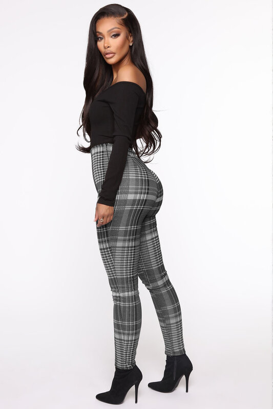 Invisível zíper aberto-virilha calças de sexo personalidade impressão horizontal moda xadrez magro ajuste calças femininas lápis