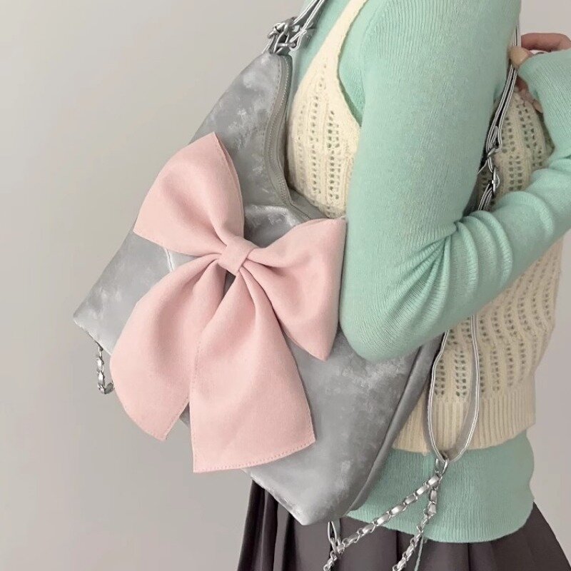 Xiuya Pink Bow Womens Shoulder Bag Korean Style Fashion Large Capacity Sweet Backpack Cute Exquisite Elegant New Female Tote Bag