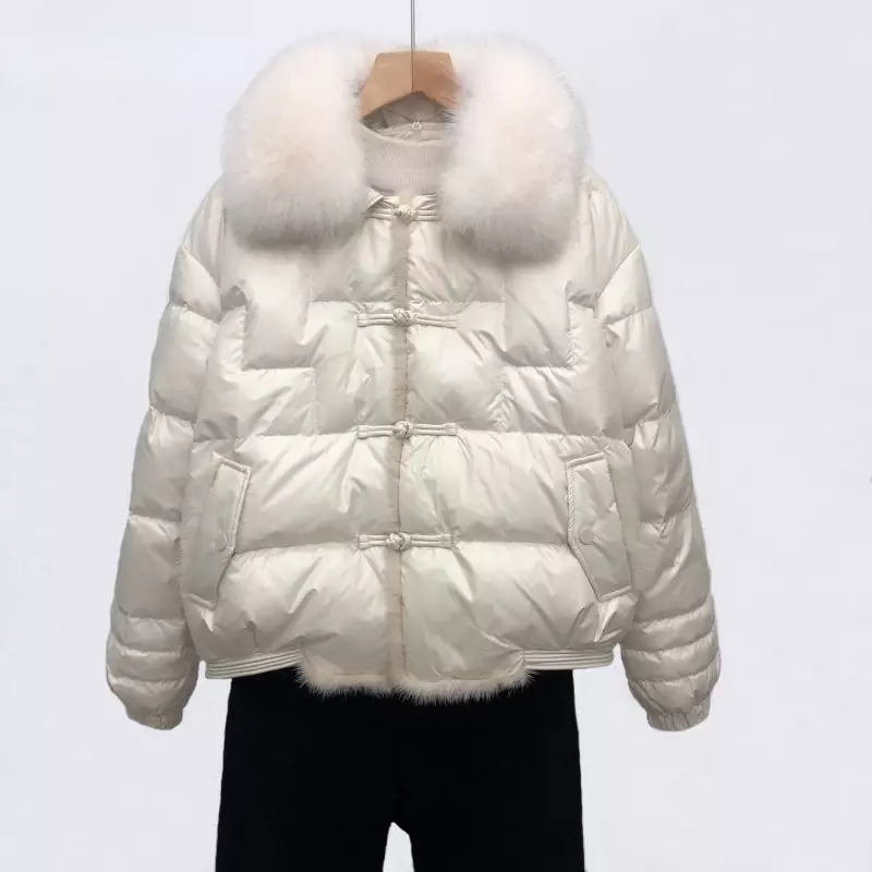 여성용 진짜 여우 모피 칼라 90% 화이트 덕 다운 재킷, 짧은 따뜻한 퍼퍼 코트, 여성용 루즈 빈티지 파카 코트, 겨울 신상