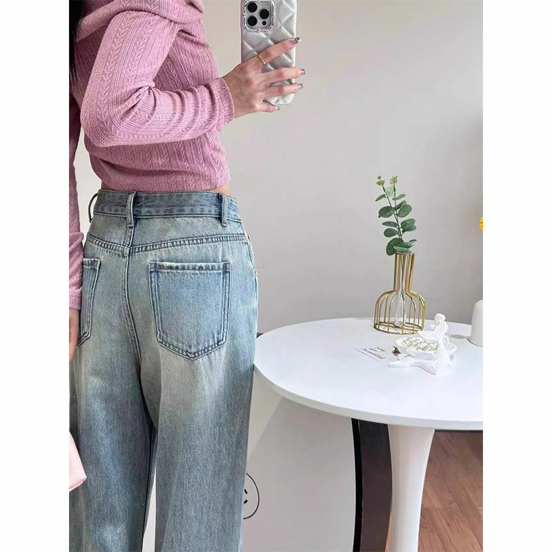 Celana panjang sulaman payet wanita, Jeans Harajuku biru longgar kasual Vintage estetika lebar Denim