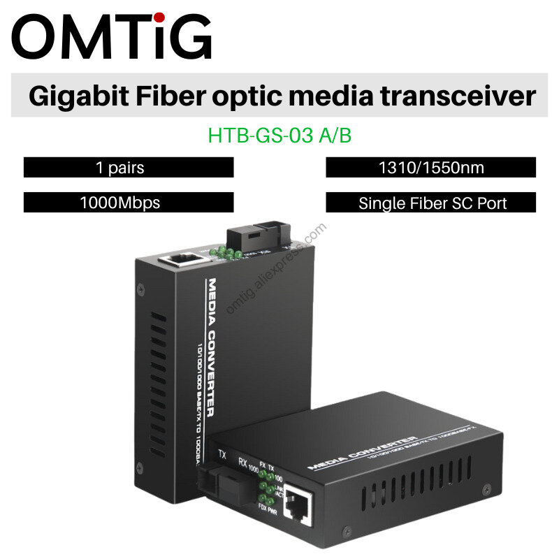 Convertidor de medios ópticos de fibra Gigabit A/B, 1 par, HTB-GS-03, 1000Mbps, modo único, Puerto SC de fibra única, 20KM, con fuente de alimentación