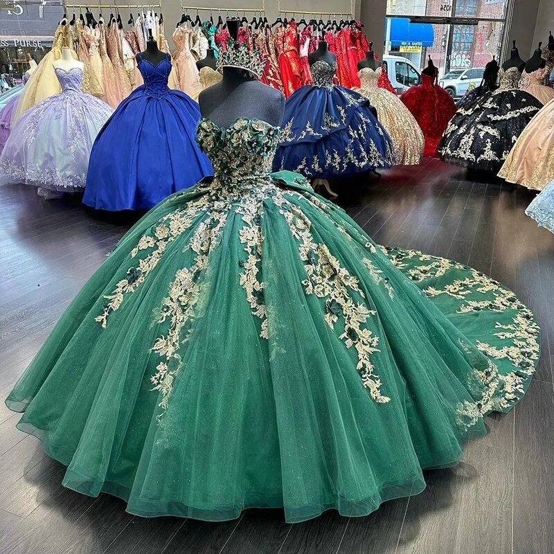 Vestidos de quinceañera verde esmeralda, vestido de baile, escote Corazón, apliques de tul, dulce mexicano, 16, 15 años