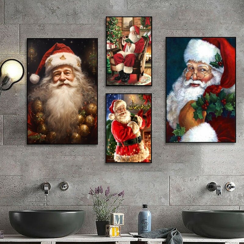 Póster Vintage de Papá Noel en muérdago, póster de papel Kraft, arte de pared, pintura, estudio de estética, pegatinas de pared de tamaño pequeño