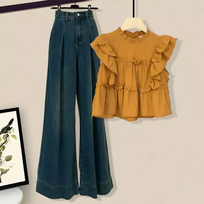 Летняя одежда в нежном стиле полный комплект женской одежды 2024 Новинка корейский Повседневный модный топ и джинсы комплект из двух предметов