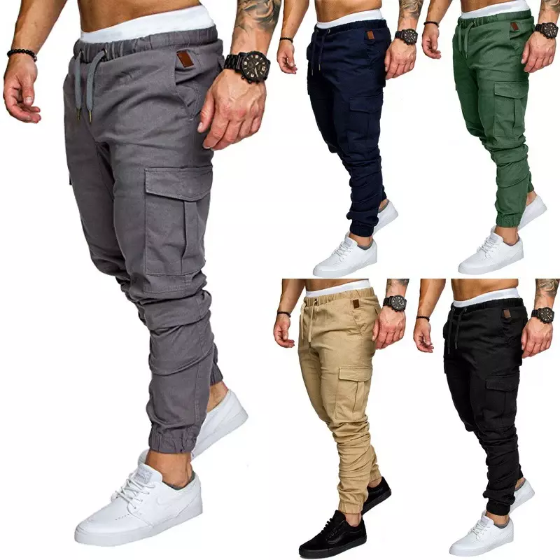 Брюки мужские хлопковые с эластичным поясом, повседневные однотонные штаны для бега и фитнеса, с несколькими карманами