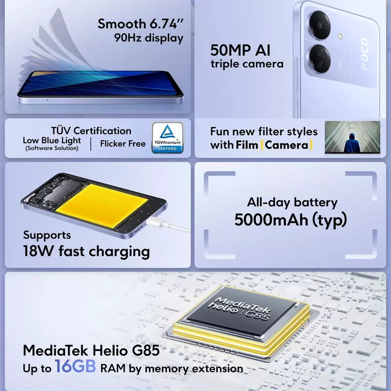POCO C65 Versão Global, MediaTek Helio G85, 6GB, 128GB, 8GB, 256GB, Tela Ultra Grande de 6,74 ", Câmera Tripla de 50MP, 5000mAh, NFC POCOC65