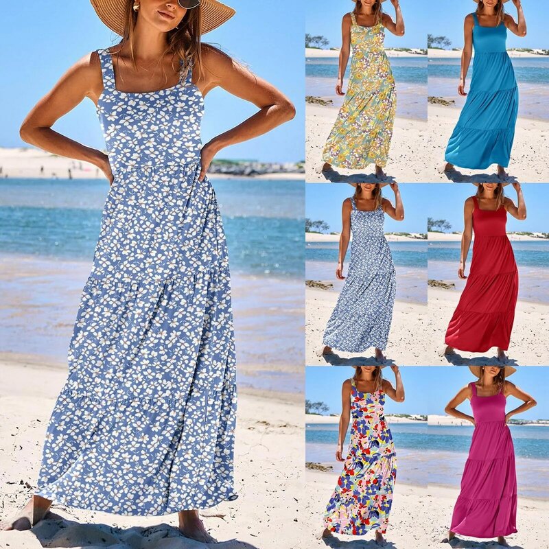 Vestido Regata Maxi feminino com bolsos, vestidos longos casuais, vestidos de praia, sem mangas, gola quadrada, vestido solar em camadas, verão