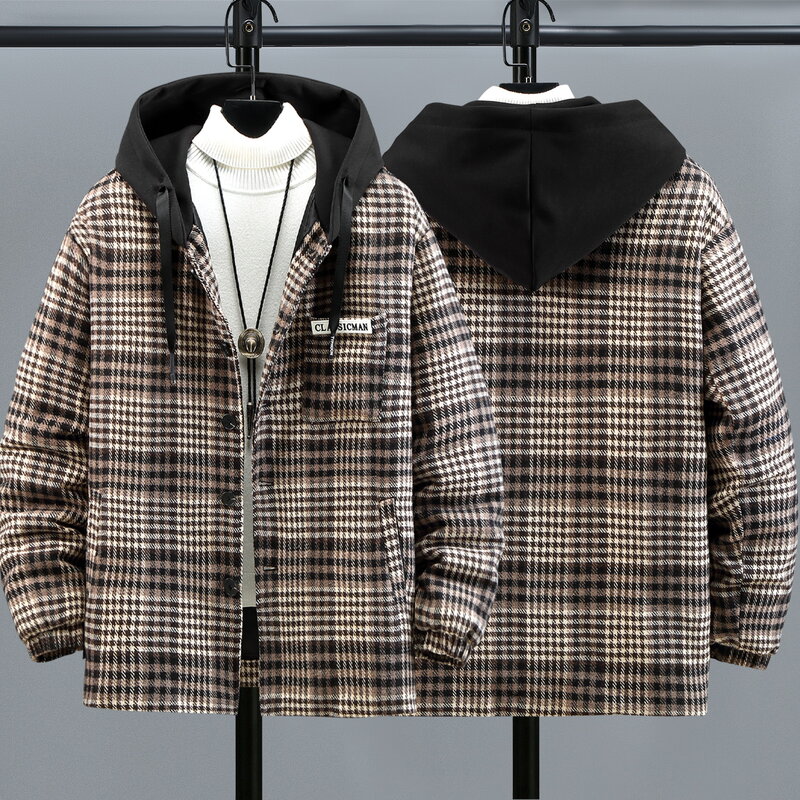 Casaco de lã masculino plus size casaco de estudante com capuz quente feminino grid jacket
