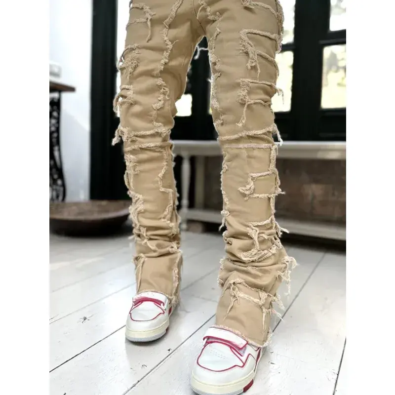 European and American jeans men's straight street personality fashion elastic  ripped solid color jeans  ripped jeans  pants y2k