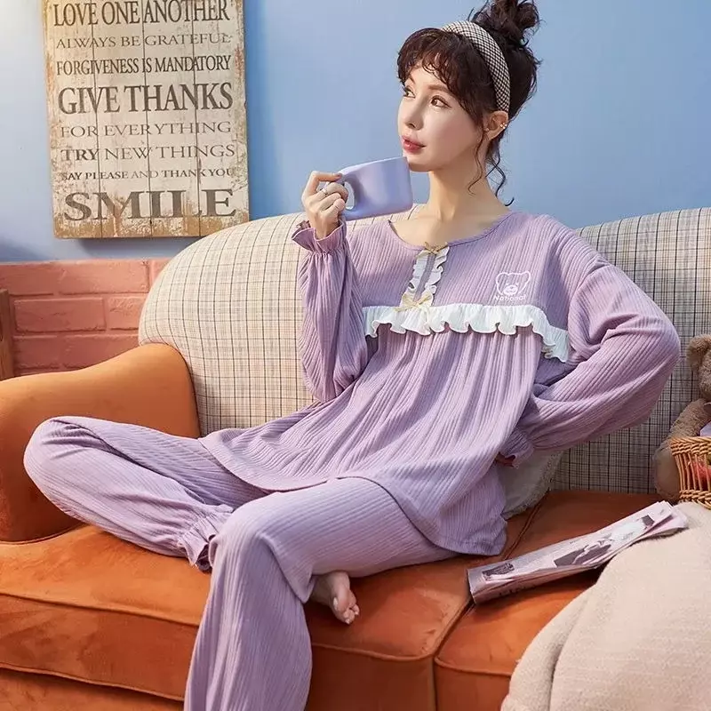Новинка 2024, пижама, Женская весенне-осенняя одежда для дома с длинным рукавом, одежда для студенческого общежития, свободное ночное белье из искусственного хлопка