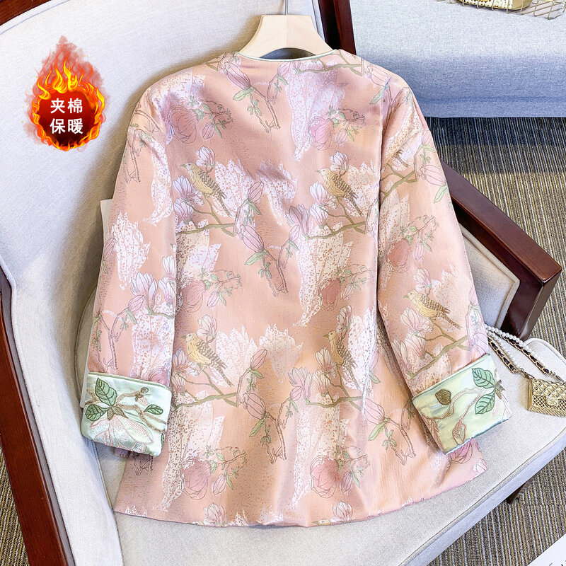 Estilo étnico cetim jacquard chinês algodão casaco feminino em torno do pescoço irregular split bordado casaco tang terno
