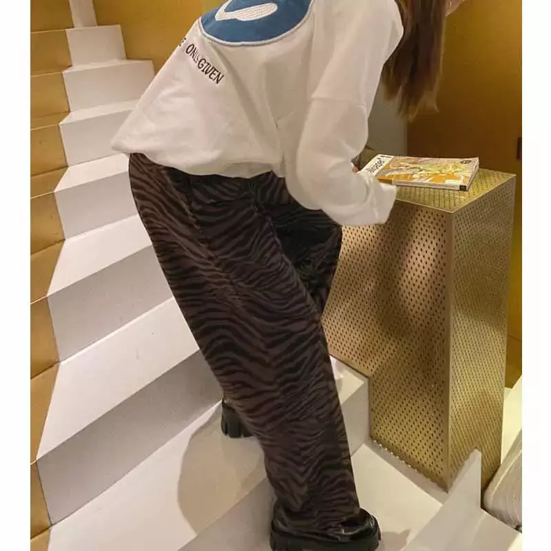 Frauen hohe Taille elastische Hose plus Größe Harajuku Korea weites Bein Hosen Femme Zebra druck Jogger Streetwear gerade Hosen