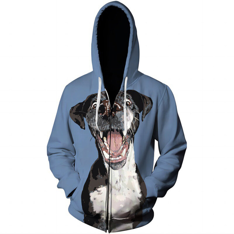 2023 New Men's Handsome and Minimalist Dog Print 3D Zippered Hoodie Sweater Casual Versatile Retro Animal Pattern Hoodie