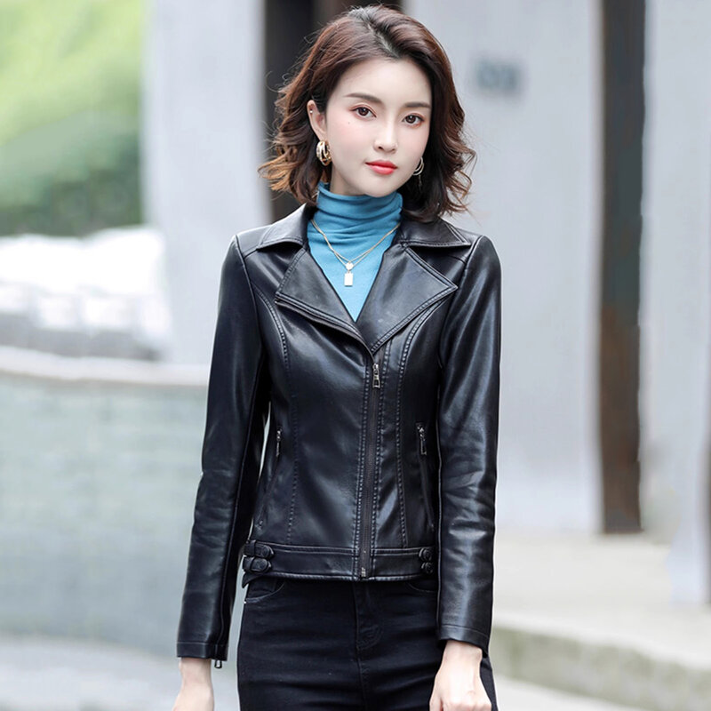 New Women Biker Leather Jacket Spring Autumn Fashion Casual Suit Collar Long Sleeve Slim Short Split Leather Coat Streetwear