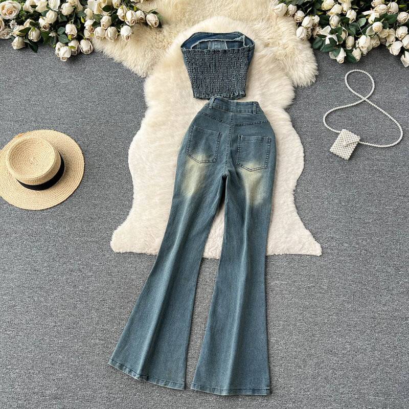 Top jeans feminino com calças largas de cintura alta, estilo feminino retrô picante, desejo puro, conjunto de duas peças