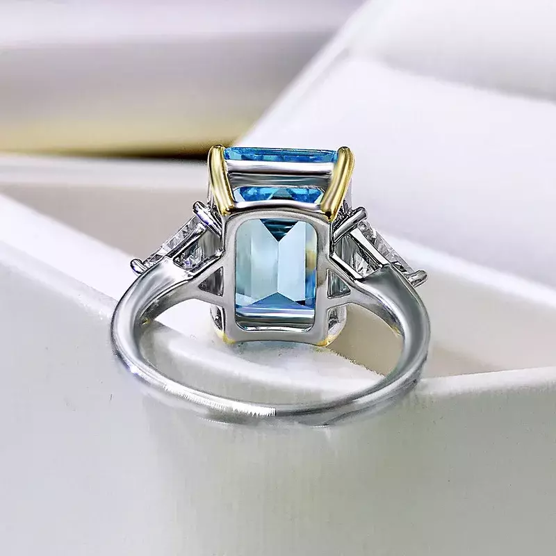 Luxury 100% 925 Real Silver 10*14mm Aquamarine High Carbon Diamond Rings for Women Gemstone Wedding Band Party Fine Jewelry Gift