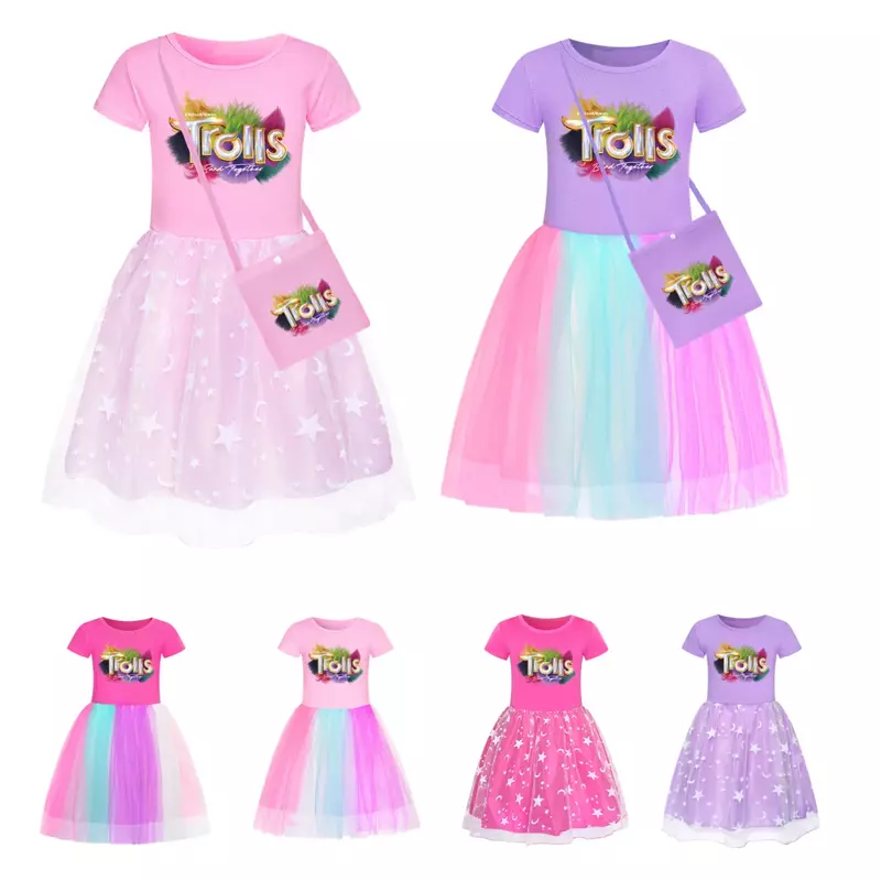 2024 Summer Trolls' World Tour Clothes Kids Cartoon Casual Dresses Baby Girls Short Sleeve Dress Children Evening Party Vestidos