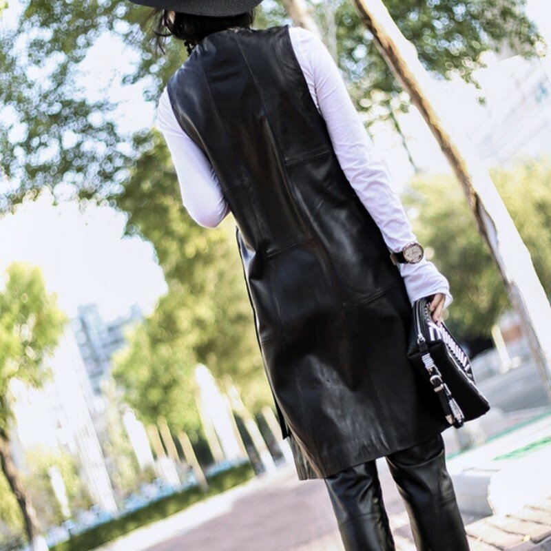 Jaqueta de couro de cordeiro real para mulheres, colete preto, casaco longo com cinto, slim fit, couro genuíno, moda verão, 2023