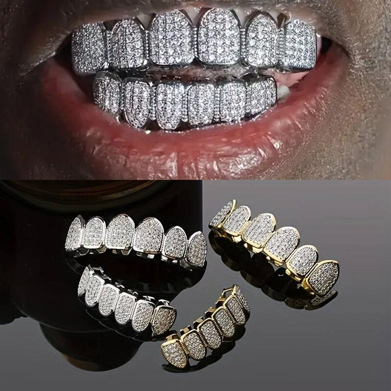 Unisex CZ Dentes Grillz Set, boca superior e inferior, cor dourada e prata, grelhas dentárias removíveis, tampa do dente, jóias de moda dental