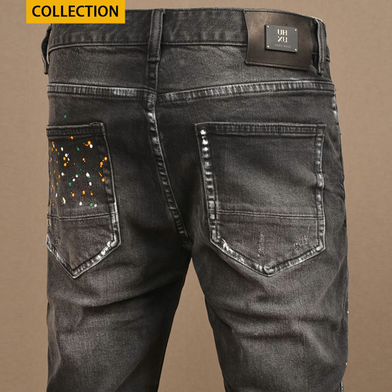 High Street Fashion celana Jeans pria Retro hitam abu-abu Stretch Slim Fit robek Jeans Pria dilukis desainer Hip Hop celana Denim Vintage