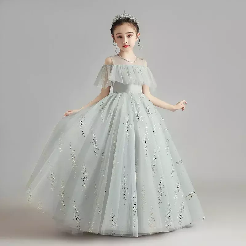 Children's Dress 2024 Spring New Fluffy Yarn Flower Children's Fashionable Little Girl Host Walk Show Performance Dress