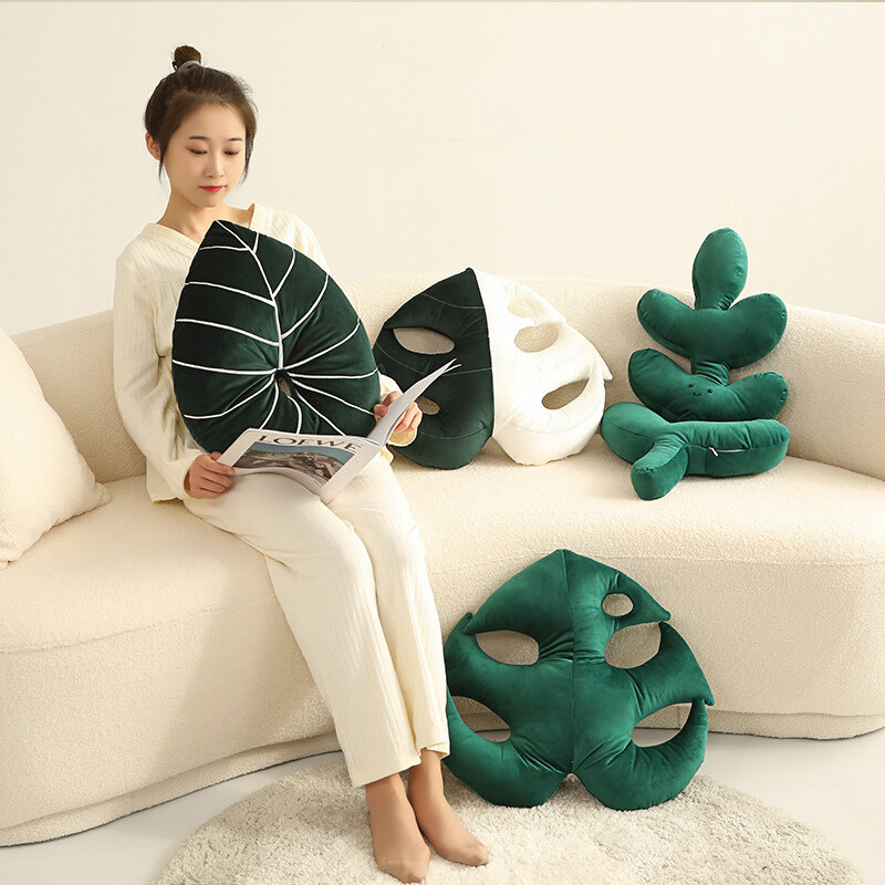 INS Nordic Style Green Leaves Plush Pillow Toy Cute Smile Face Plantain Leaf Shape Throw PillowCushion Soft Kids Toys Home Decor