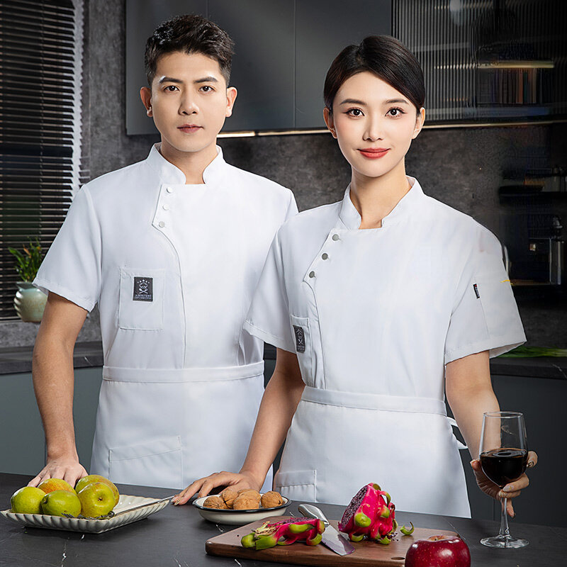 Unisex chef uniform jacket short sleeve chef T-shirt restaurant coat Bakery Food Service Breathable Cooking chef clothes logo